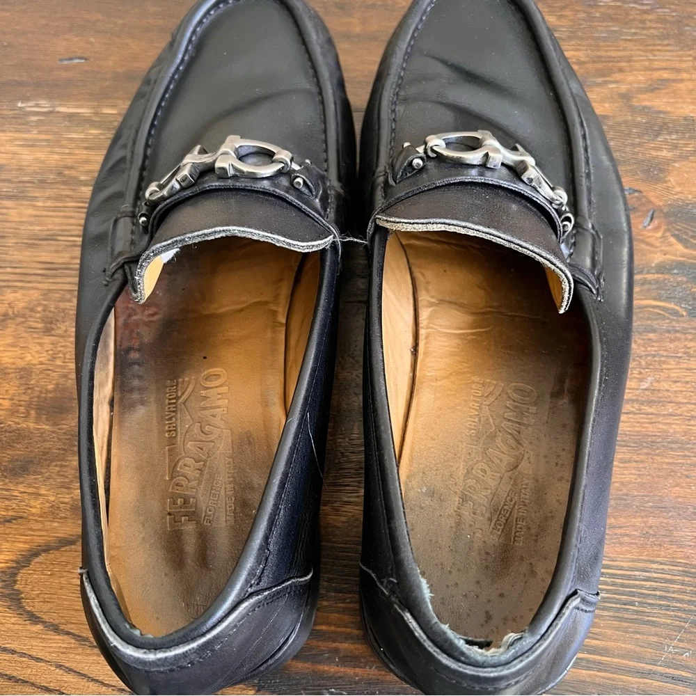 Salvatore Ferragamo DAVID Black Claf Leather Loafers 7.5 EEE US8.5 Wide